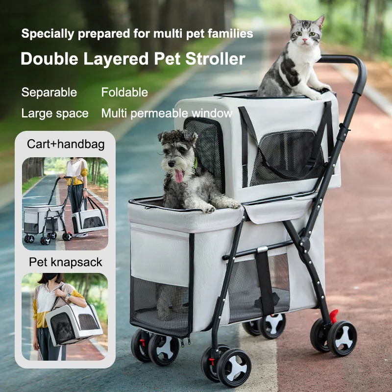 

Double Layered Pet Stroller Separable Dog and Cat Handbag Outdoor Lightweight, Foldable Handcart with Upper and Lower Layers