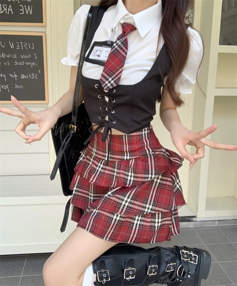 Summer Women College Style Uniform Set Chic Design Corset Shirt+Tie Vest+Red Plaid Skirt With Tie School Badge 5 Pcs Set Girls