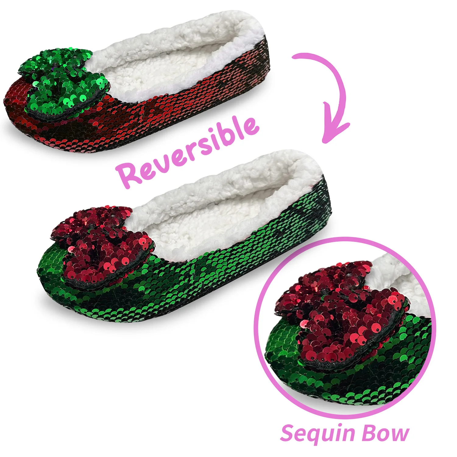 Womens Sequins Ballerina Ballet Flats, Paillettes Spangles Decor Indoor Slip On Shoes, 2 Reversible Colors Red & Green