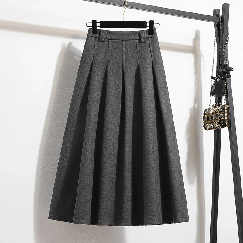 Casual High Waist Pleated Slim A-line Long Skirts Korean Fashion Streetwear Office Lady Basics Autumn Winter Plus Size Clothing