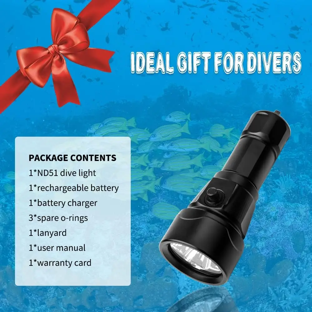 Odepro ND51 High Power LED Diving Flashlight Underwater Lantern Rechargeable Submersible Flashlight Scuba Torch Lamp for Diving