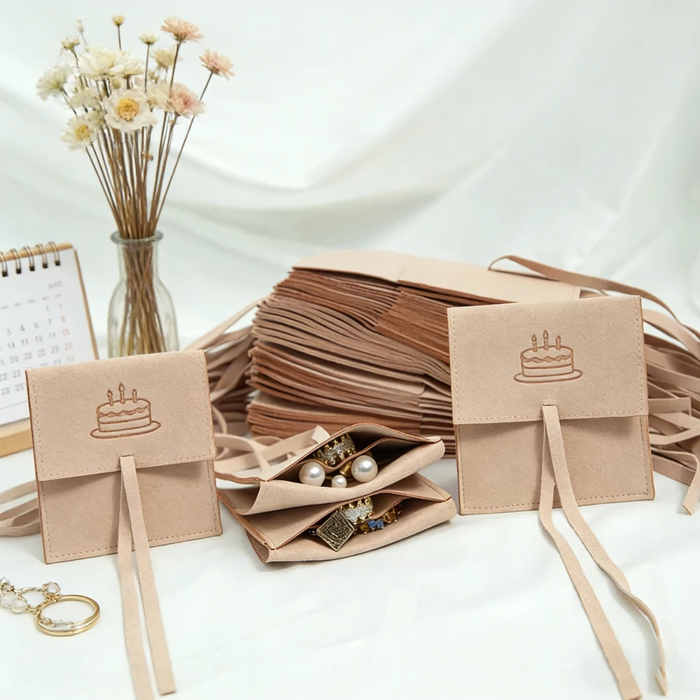 

50 подарочных пакетов из микрофибры с клапаном и лентой, с отделением для логотипа, для упаковки серег, ожерелий, украшений, косметики