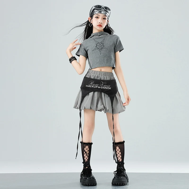 Meninas rua jazz dança traje hip hop outfit crianças desempenho roupas cinza colheita topos saia crianças streetwear xh2681