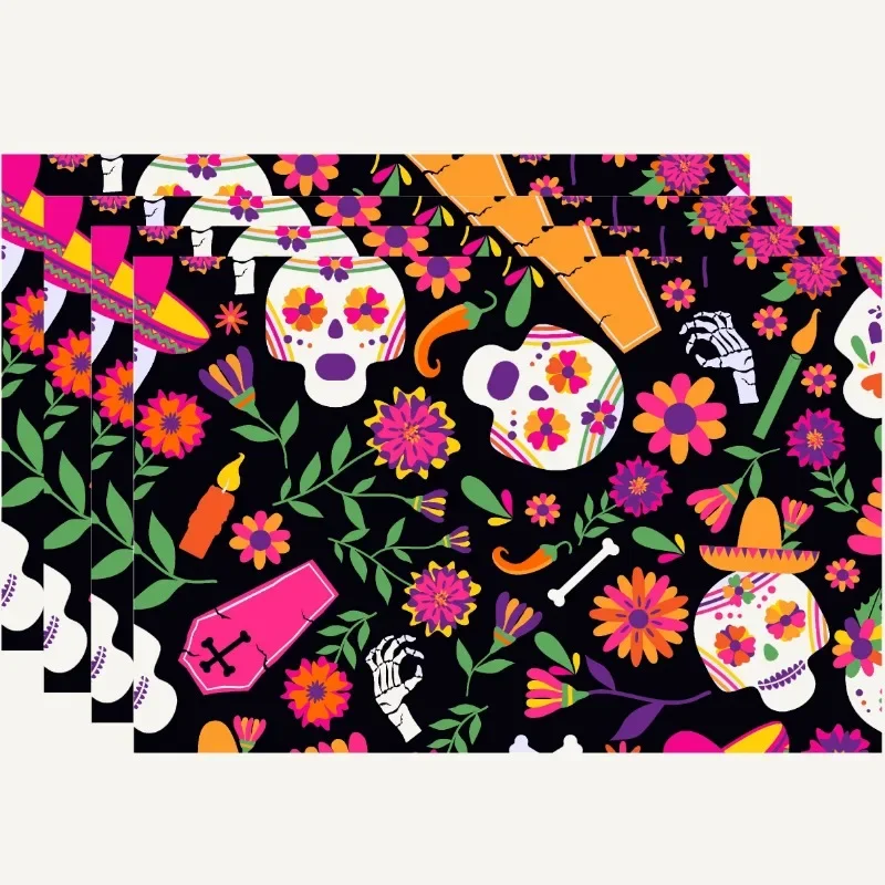 4pcs Mexican Style Colorful Skull Placemats Dia Muertos Decor and Table Protection Day of The Dead Home Supplies Decoration Mat