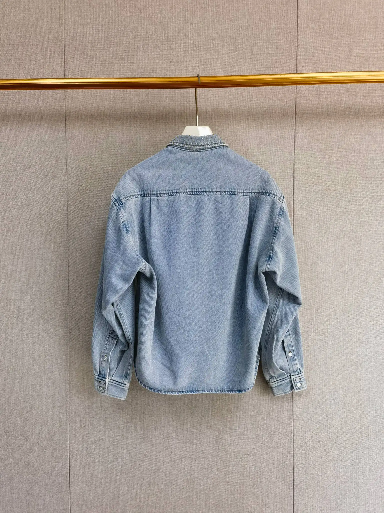 

Spring Women Blue Denim Shirts Long Sleeve Turn-Down Collar Hot Diamond Decoration Top Loose Blouse Versatile Cotton Shirt Coat