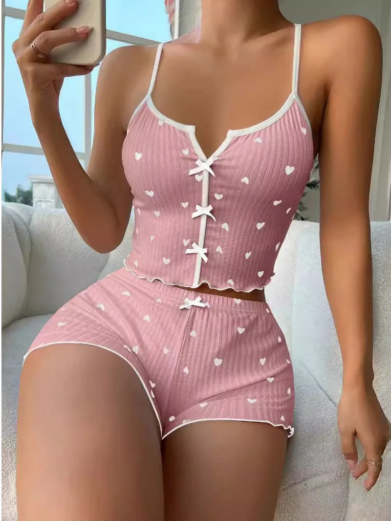 New Heart-shaped 2024 Printed Contrasting Color Low Collar Sling Top+high Waisted Slim Casual Shorts Two Piece Set 0XQ4