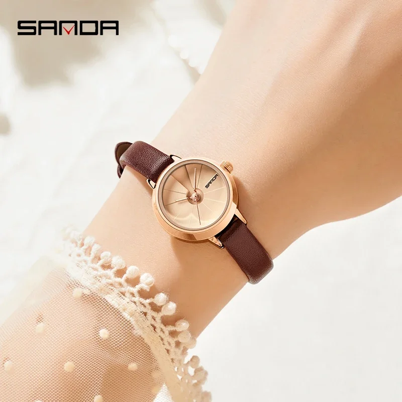 SANDA 1113 Reloj de cuarzo para mujer, relojes de oro rosa para mujer, moda informal, correa de cuero marrón, reloj resistente al agua, caja de regalo para mujer