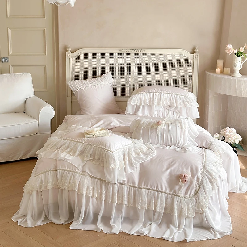 1000TC Egyptian Cotton Pink Lace Ruffles Stereoscopic Handmade Flowers Wedding Bedding Set Duvet Cover Bed Sheet Pillowcase 4Pcs