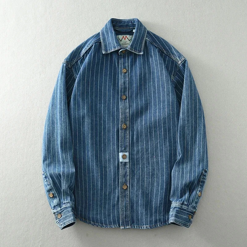 

American Style Classic Nostalgic Striped Denim Shirt Men's Long Sleeve Washed Loose Blue Fashionable plus size for Men