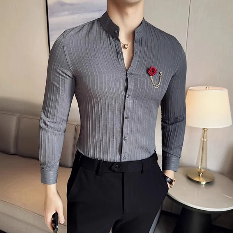 New Spring Rose Brooch Men Shirts & Blouses Long Sleeved Slim Fit Stand Collar Mens Dress Shirt Party Prom Social Male Shirts