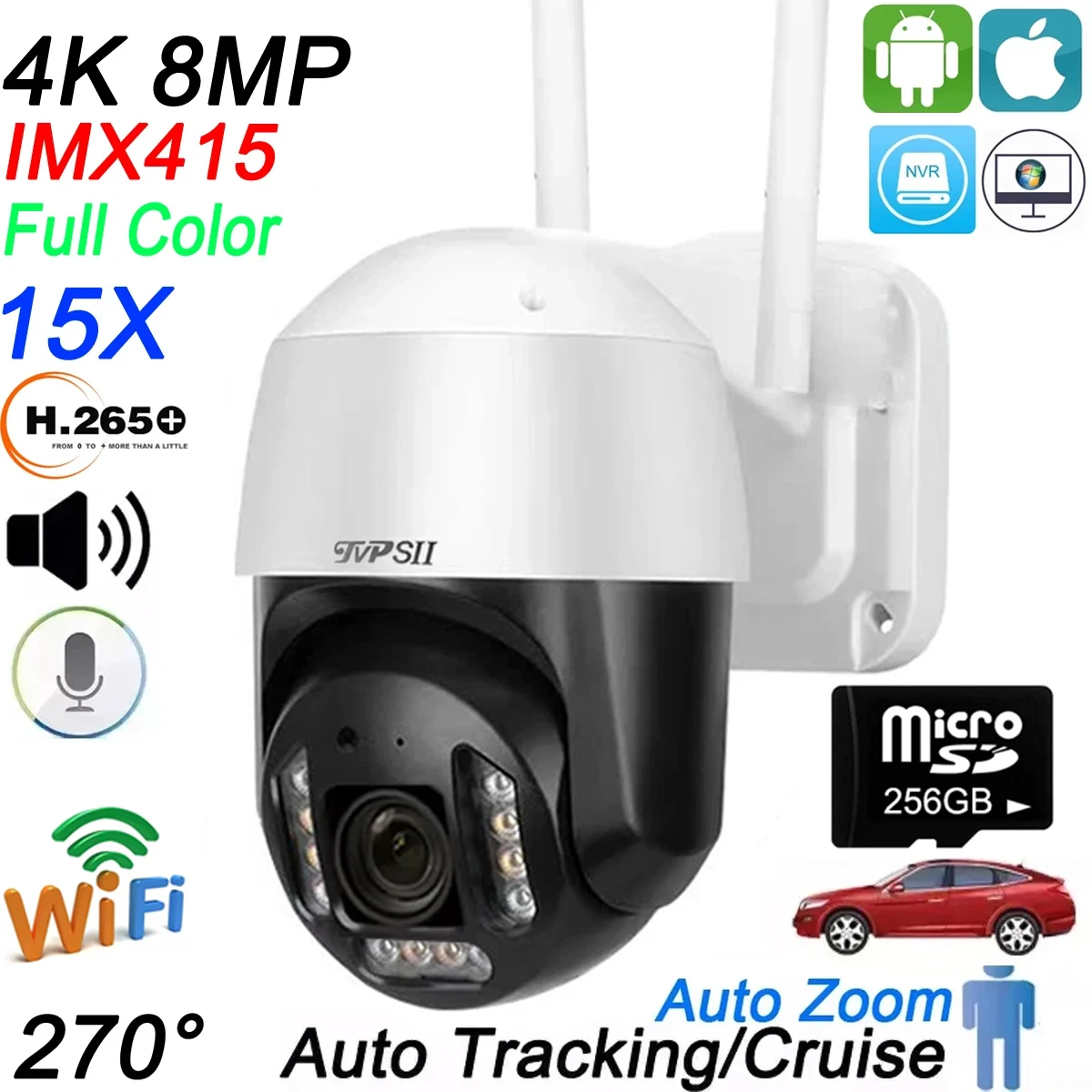 

Full Color Auto Tracking 8MP 4K IMX415 15X Optical Zoom Rotation Outdoor ONVIF WIFI IP Surveillance Speed Doom PTZ CCTV Camera