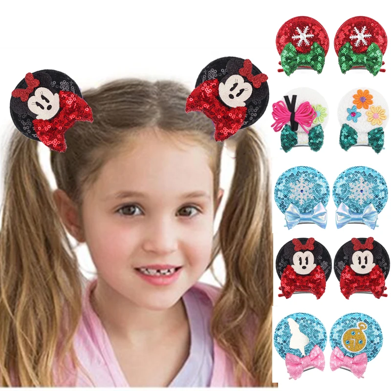 

2024 Christmas 2.8"Mouse Ears Hair Clips For Children Sequins Bow Hairpins Girls Festival Party DIY Hair Accessories