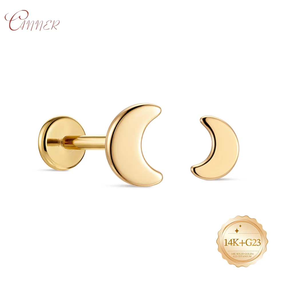 CANNER 14K Solid Gold Moon Labret Piercing Push In Earring Stud Threadless Cartilage Flatback Nose Stud Piercing Body Jewelry