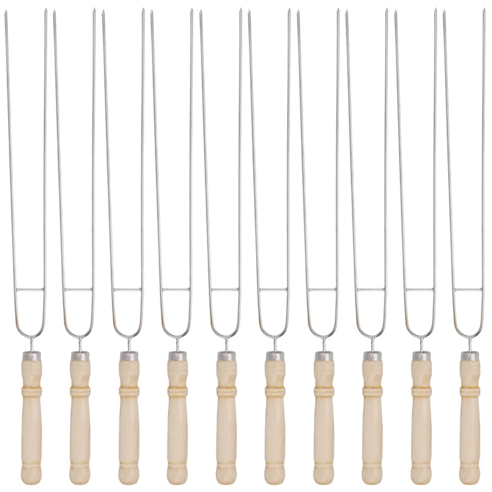 

10 Pcs Stainless Steel Roasting Fork Reusable Stick Wood BBQ Camping Grill Multipurpose Skewers Professional Bbq Kebab sticks