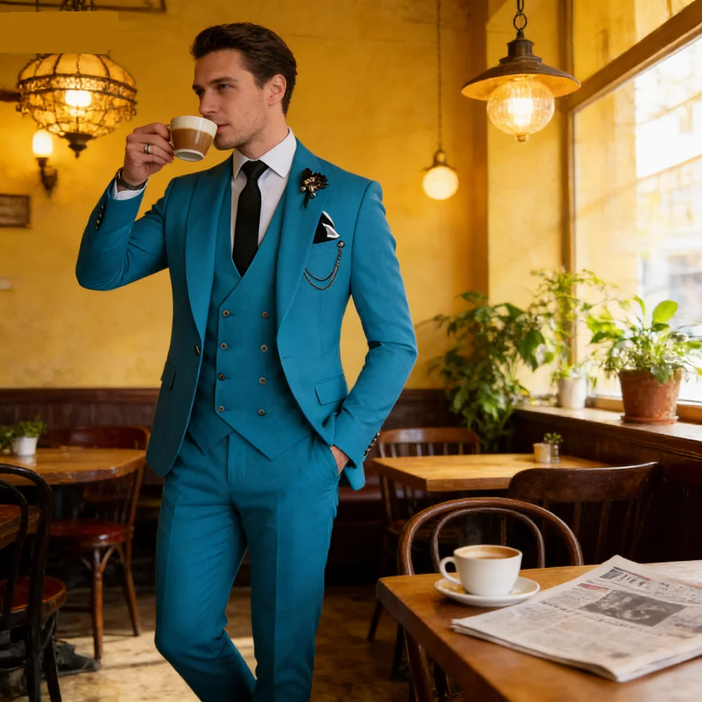 

Men's 3 Piece Slim Fit Wedding Tuxedo Suits Peak Lapel Formal Party Groomsmen Suit Set with Blazer Vest Pants