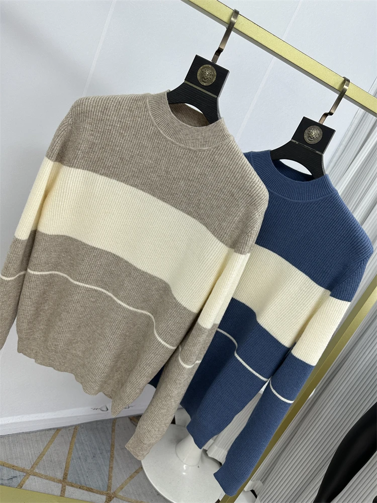 

Мужской модный вязаный свитер с длинными рукавами, высоким воротником, цветными полосками, осенне-зимняя новинка