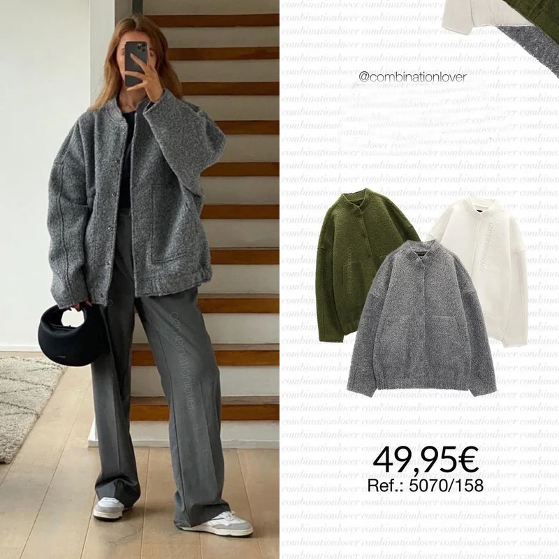 

Woman Fashion Loose Gray Warm Baseball Jacket 2024 Autumn Casual Oversized Bomber Jacket Girls Vintage Thick Warm Outwear