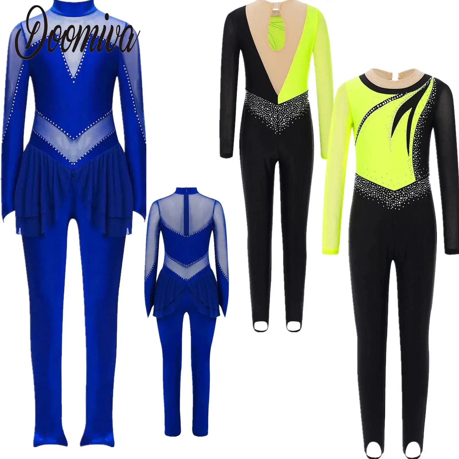 

Kids Girls Figure Skating Performance Costume Dancewear Long Sleeve Jumpsuit Sheer Mesh Patchwork Rhinestones Leotards Rompers