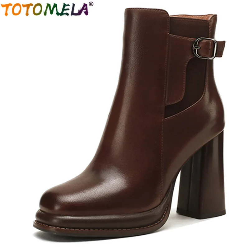 

TOTOMELA 2024 New Zipper Thick High Heels Dress Shoes Sheepskin Women Boots Retro Winter Ankle Platform Boots