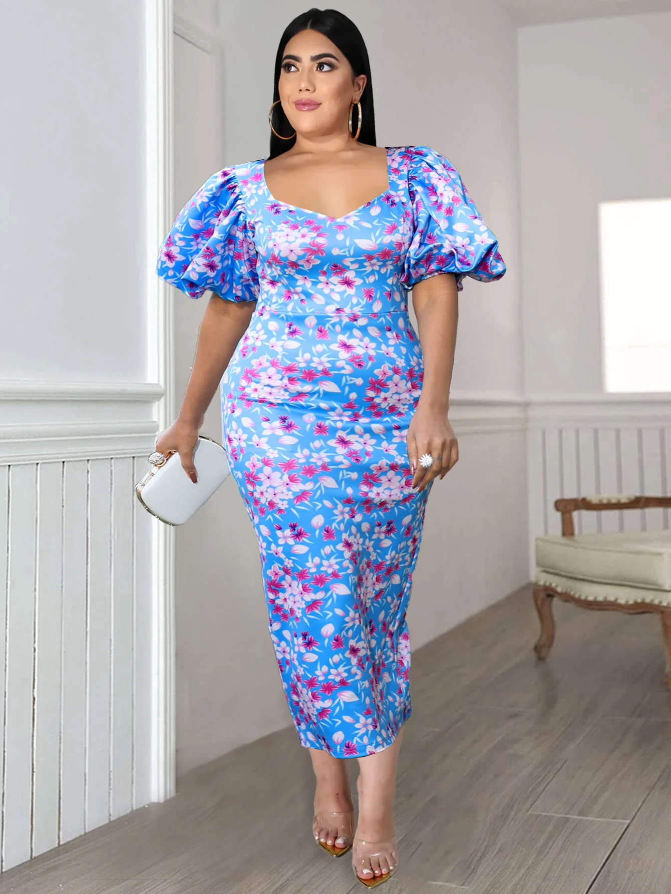 Floral Printed Dresses Plus Size 4XL Short Puff Sleeve Slim Fit Blue Sweetheart Neck Midi Slit Evening Event Outfits for Ladies