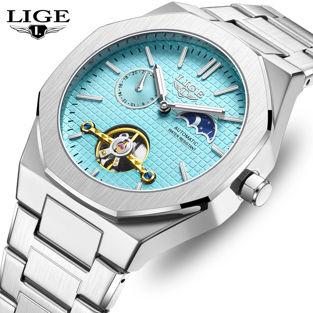 

2026 LIGE New Luxury Tourbillon Mechanical Watches For Men Multifunctional Chronograph Moon phase Automatic Date Week Wristwatch