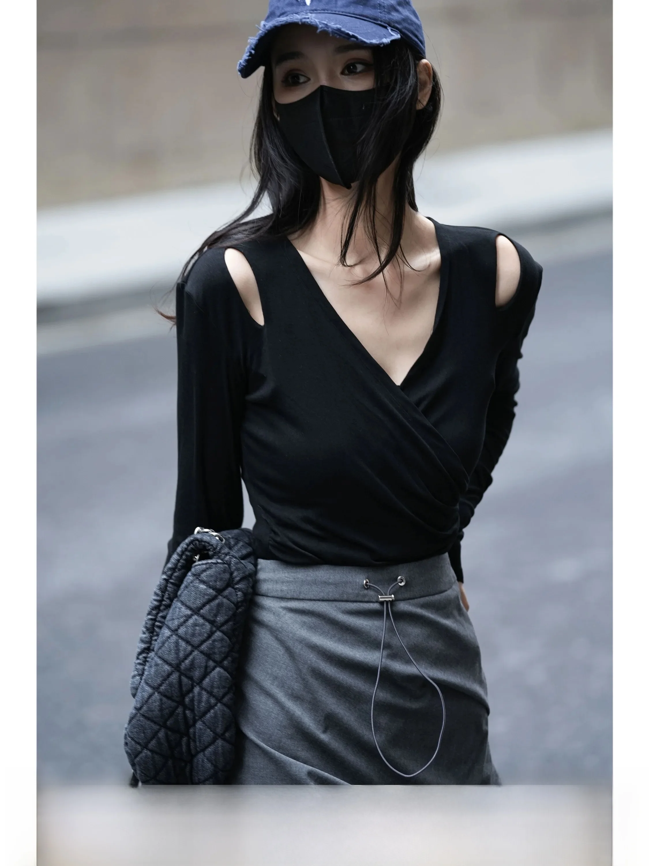 Luna7xi Women's Cross Wrap T-shirt Hollow out V-neck Long Sleeve Asymmetric Base Shirt Korean Style Autumn Season Breathable ...