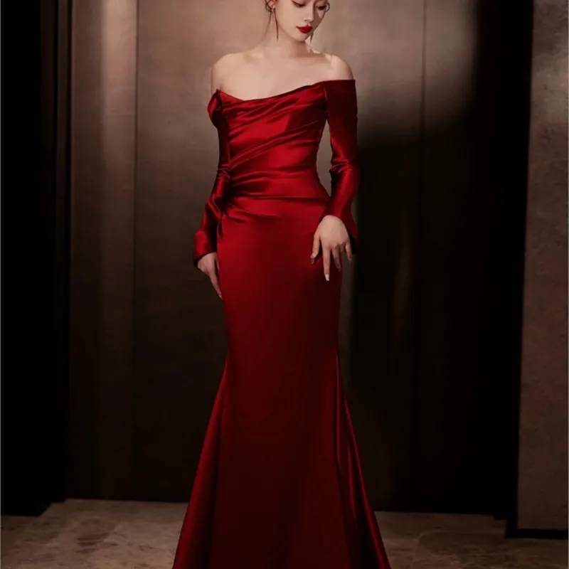 Elegant host slim-fit fish tail wine red return appreciation banquet long sleeve toasting dress