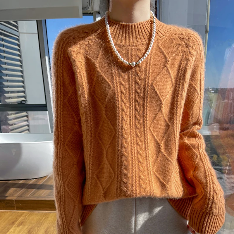 autumn and winter New 100% merino wool women\'s semi-high neck diamond thick twist knitted cashmere sweater loose pullover