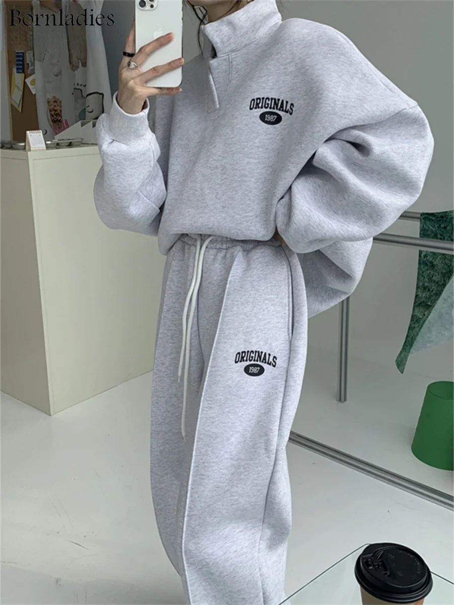 Bornladies 2023 Women Cotton Sweatshirt Suit Oversized Sets Female Stand Collar Loose Sweatshirt + Long Pants Suits Short Sets