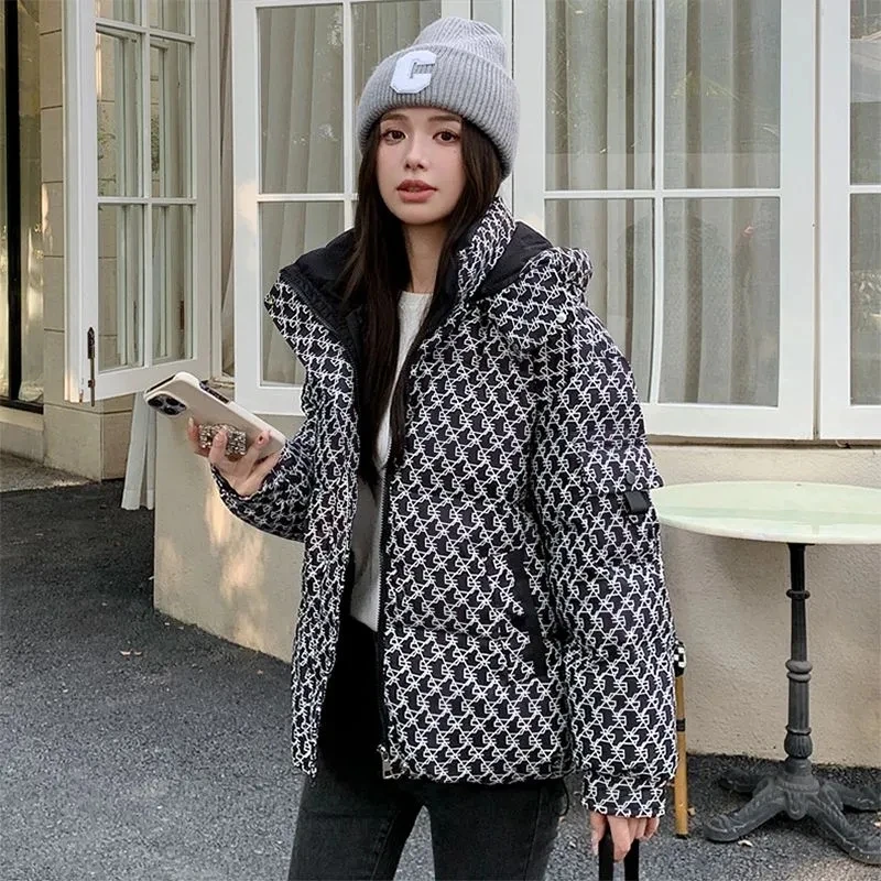 2023 Winter Shiny Plaid Jacket for Girls Hooded Thicken Warm Coat Parkas Outerwear Printed short women\'s Puffer versatile coat