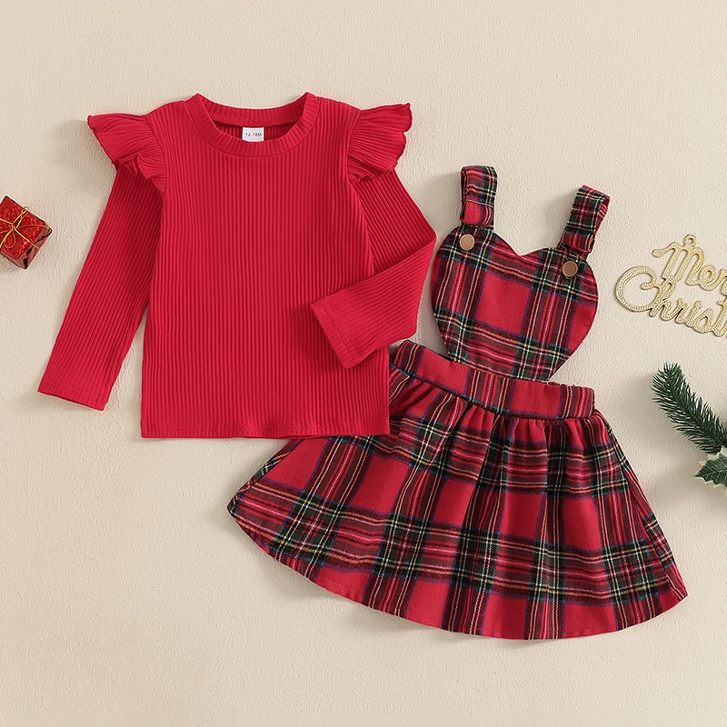 2024-08-12 Lioraitiin 2-Piece Girls Christmas Skirt Set Long Sleeve Ruffled Ribbed Tops Plaid Heart Overalls Skirt Outfits