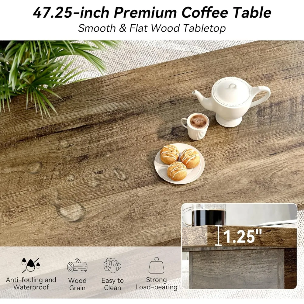 Modern 47.25-Inch Engineered Wood Coffee Table for Living Room and Home Office, Rustic Farmhouse Style Center Table