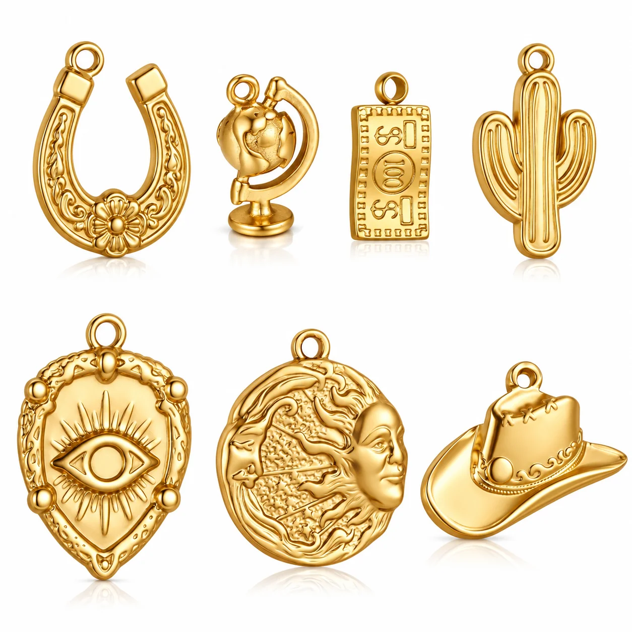 3Pcs Western Lucky Horseshoe/Cactus/Globe Charms Stainless Steel Evil Eye Jewelry Making Pendant DIY Necklace/Bracelet Accessory