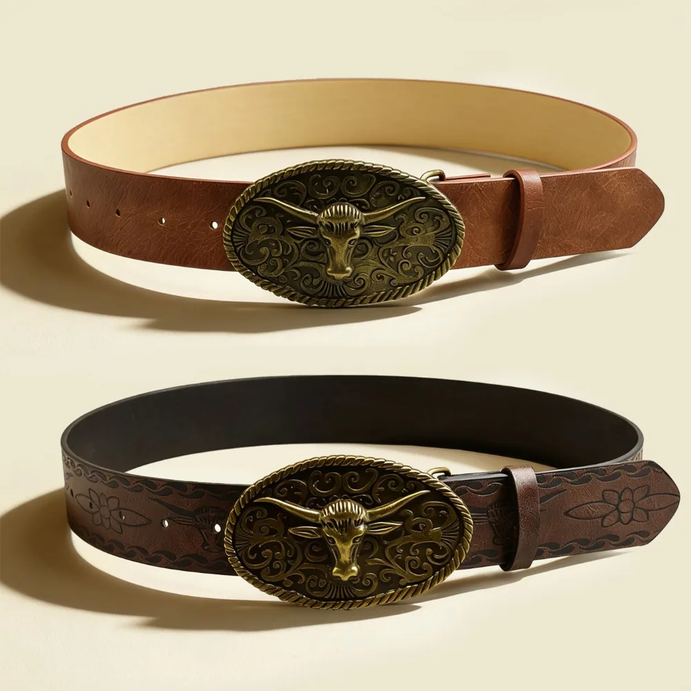 Retro Bull Head Belt, Men's and Women's Waist Versatile Embossed Cowboy Belt, Decorative Pants Belt