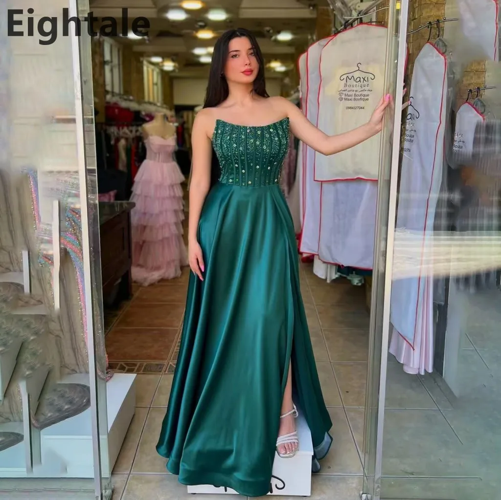 

Green Arabic Sexy Slit Evening Dress Long Luxury 2025 Satin A Line Beads Prom Dress Formal Party Gown