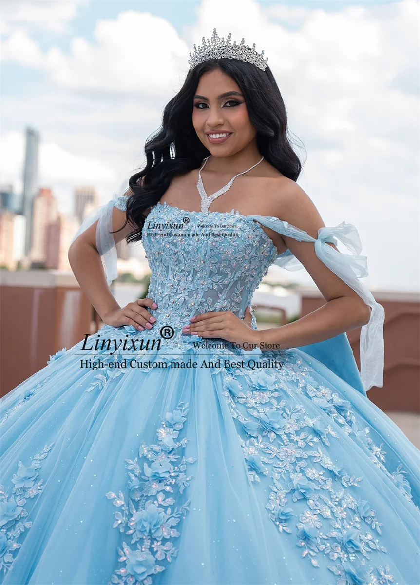 Vestidos de Quinceañera de flores azules cielo dulce con capa, vestido de baile de espagueti, vestido de cumpleaños con cordones, dulce 16 vestidos, Cenicienta de México