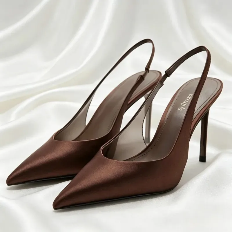 Elegant Backless Designer High Heels for Ladies Sexy Pointed Toe Back Strap Satin Heeled Sandals Comfortable Office Formal Pumps