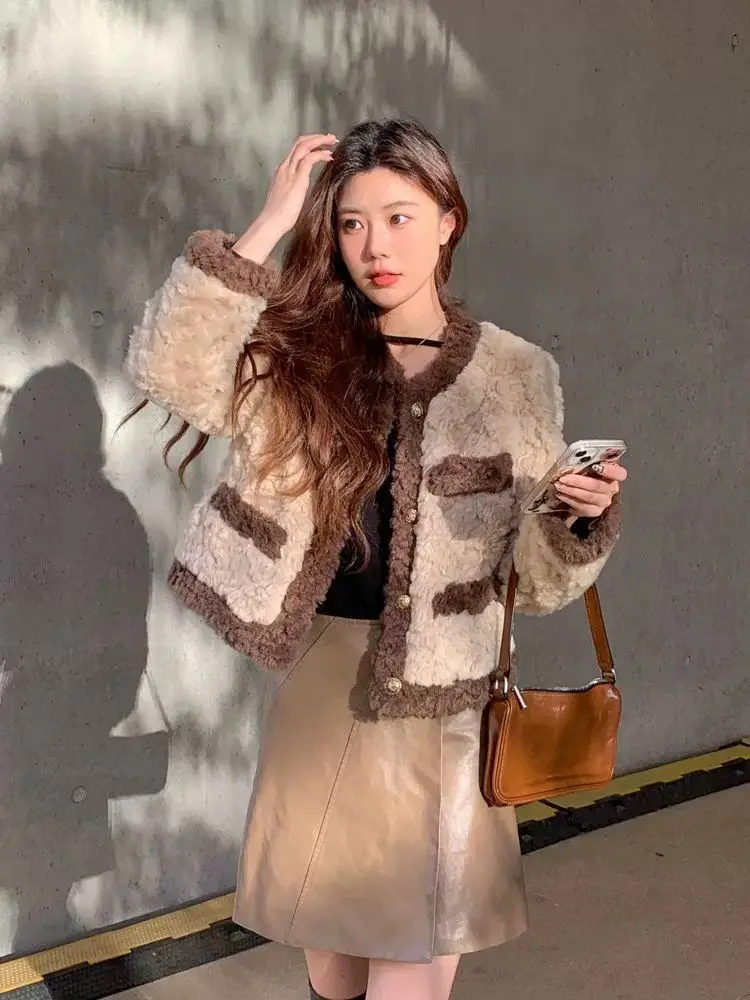 Donna Autunno Inverno Spessa Giacca in pelliccia sintetica Colorblock Maxi Cappotto Corto Cappotti caldi Cintura di lusso Pelliccia Parka Bontjas Giubbotti Capispalla