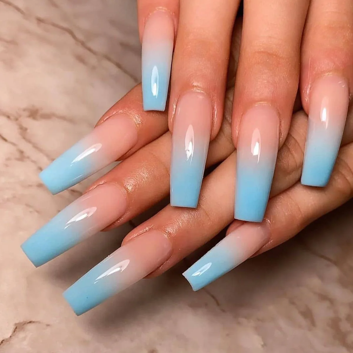 24Pcs Long Ballerina Gradient Blue Fake Nails Press on Simple Wearable Artificial Manicure Tips for Woman Full Cover False Nails