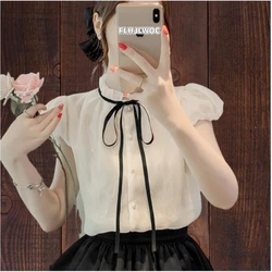 Hot Girls Cute Tops Preppy Style Vintage Japan Korea Button Elegant Office Lady Formal Work White Lace Ruffles Shirts Blouses