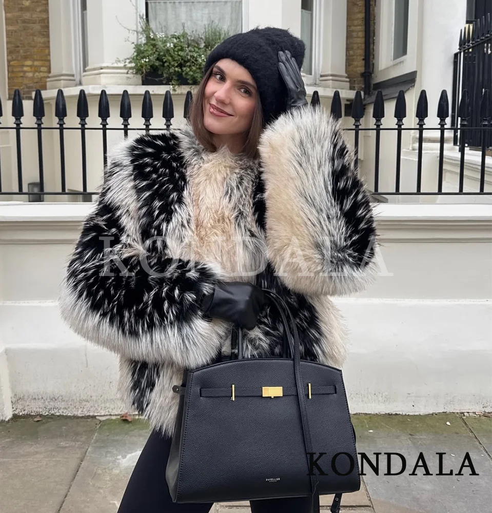 KONDALA Trendy Faux Fur Contrasting Coat Women Fall Winter High Street Casual O-Neck Jacket 2026 Fashion Female Vintage Fur Coat