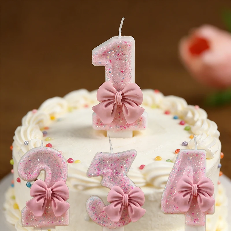 Süße rosa Fliege Nummer Kuchen Kerzen für Geburtstag Party Dekorationen Geburtstag Pailletten rosa Dekoration Kuchen Dekorieren