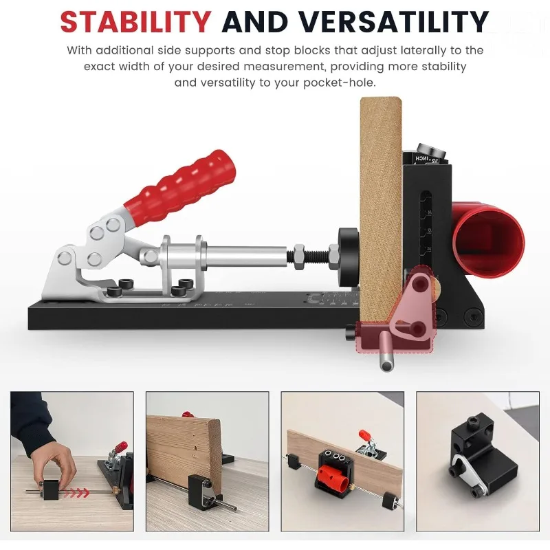 Pocket Hole Jig System with Side Support Adjustable Drill Guide with 2 Drill Bits for Woodworking Aluminum Dowel Jig XK4S PRO