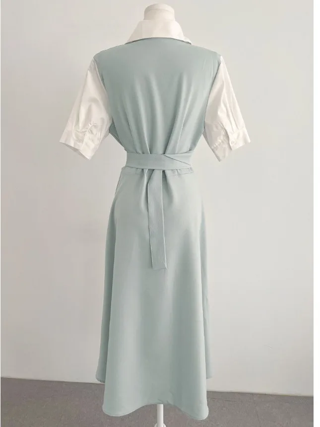 

Chic Summer Vintage Collar irt Dr Women's ort Sve Waist Cinched Slim Fit Color Blo Tie Waist Dr