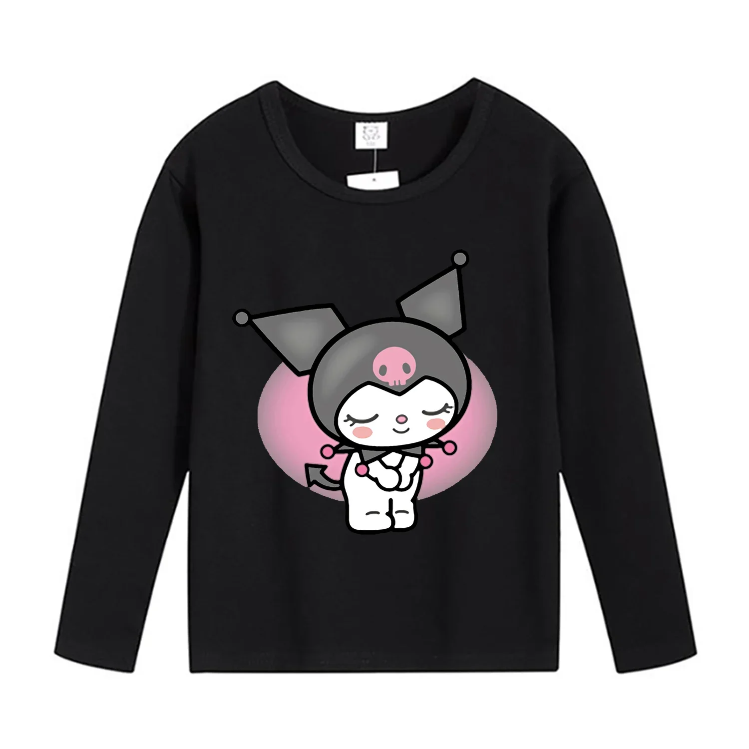 Kuromi Children\'s Long Sleeve T-shirt Kawaii Sanrio Anime Black White Casual Cotton Clothes Cute Christmas Versatile Blouse Gift