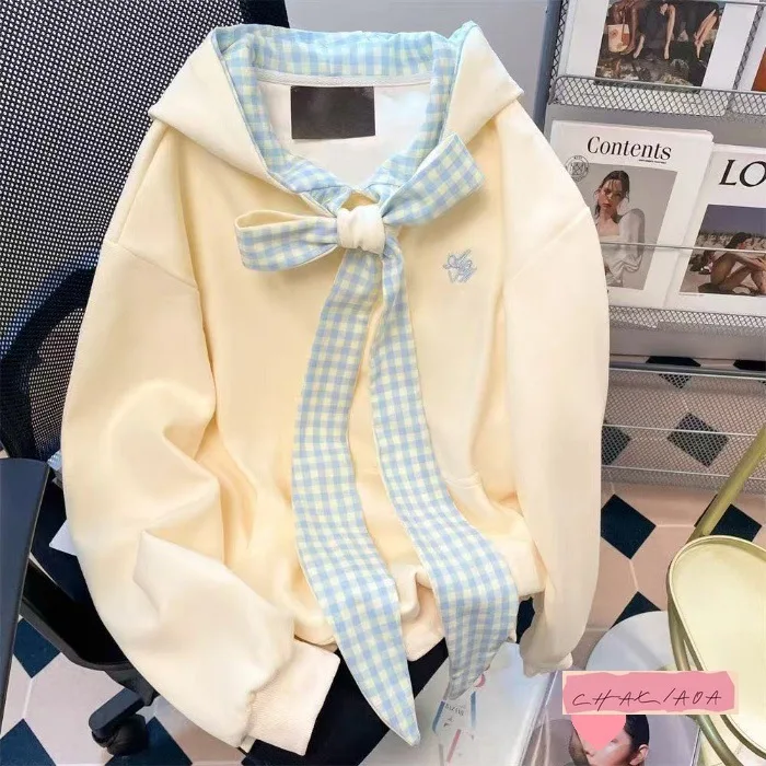 

Japan Harajuku Y2K Style Retro Hoodie Bow Strap Splicing Versatile Casual Sweater Fashion Streetwear Autumn and Winter Women