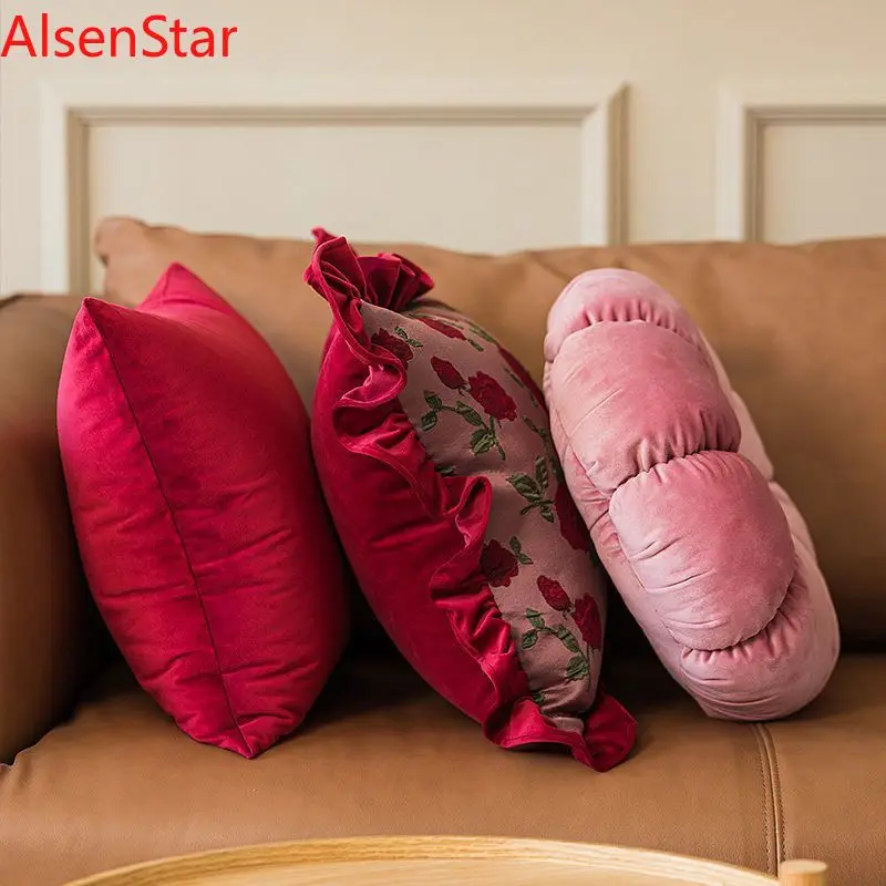 

Misty Forest Flower Pillow Palace Style Lotus Leaf Edge Wine Red Office Car Waist Cushion Sofa Living Room Bedroom Decoration
