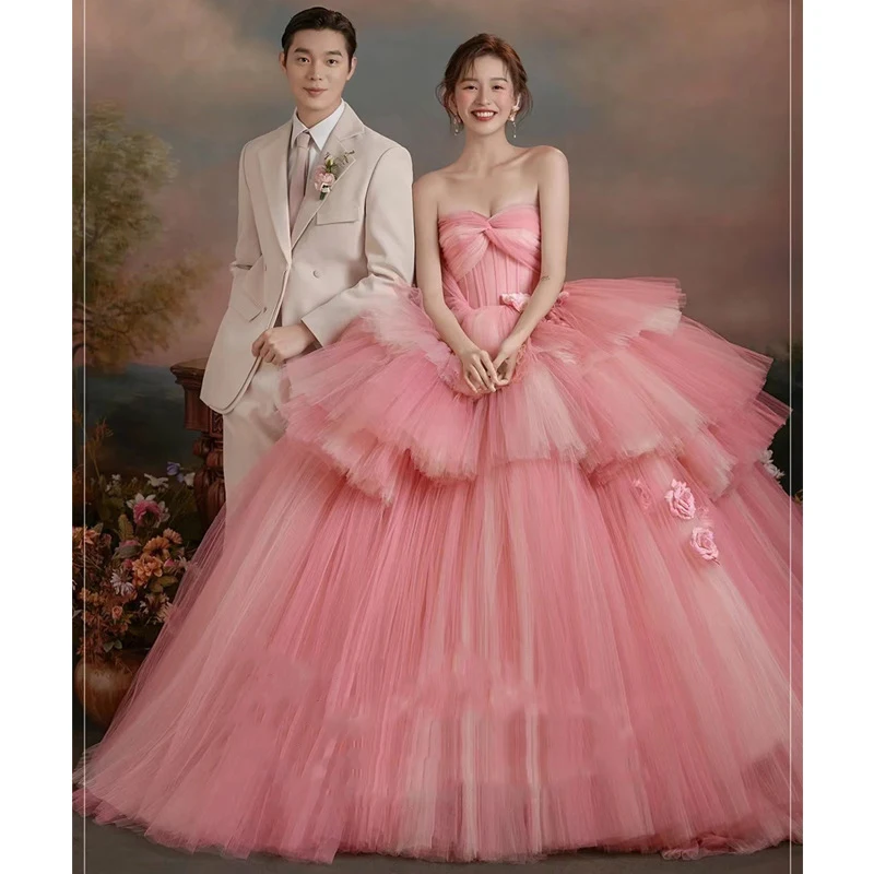 Customized Pink Ball Gown Wedding Dresses Tiered Floral Bridal Gowns Formal Princess Vestido De Noiva robe de mariée