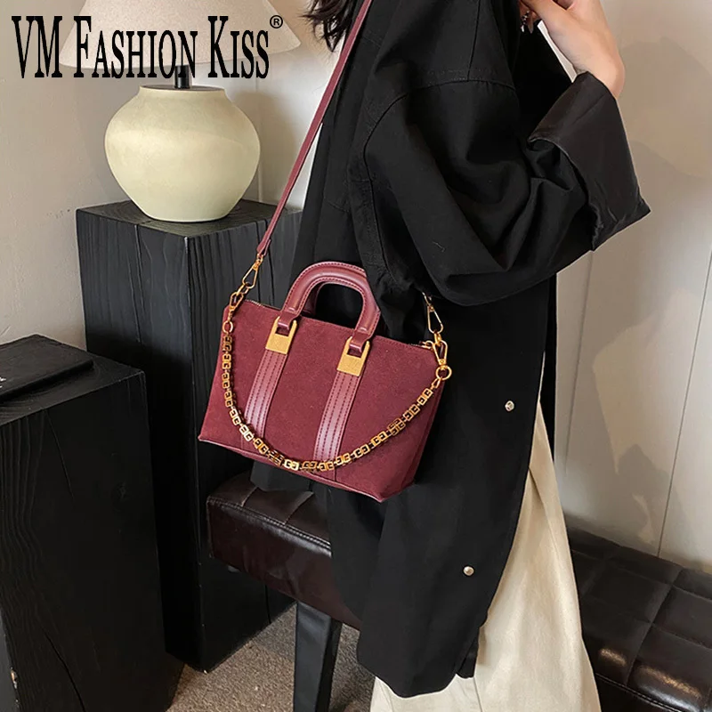 Burgundy Frosted Tote Bag Autumn And Winter New Imitation Suede Women's Shoulder Bag Chain Decoration Handbag Crossbody Bag