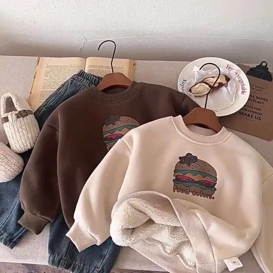 

New Kids Boys Cotton Fleece Lined Sweatshirt Hamburger Print Cute Pullover for 2-7Y Children Warm Winter Casual Long Sleeve Top